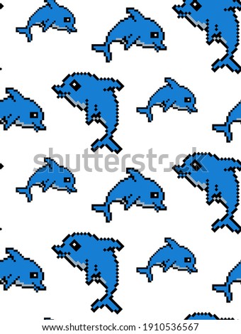 8 bit pixel blue dolphin. illustration. white background. cartoon drawing. isolated object. seamless pattern
