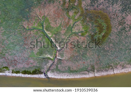 Aerial view at low tide of Escudo river and Rubin marsh in Oyambre Natural Park of San Vicente de la Barquera village by the Cantabrian Sea in Cantabria Autonomous Community of Spain, Europe