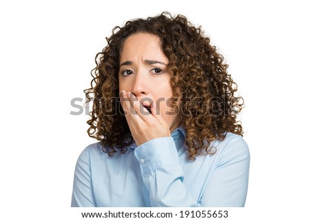 Closeup portrait, headshot pretty, sleepy young woman placing hand on mouth yawning, looking bored, isolated white background. Negative human emotion, facial expression, feelings, sign symbol reaction