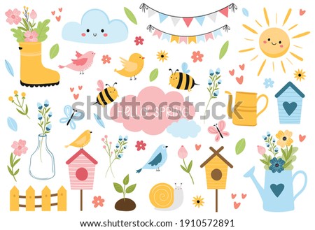 Hello Spring set with lettering, birds, bees, flowers, birdhouses, sun, and other. Hand drawn, cartoon style vector illustration isolated on white. For kids cards,web, poster, invitation, sticker kit. Royalty-Free Stock Photo #1910572891