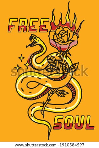 Colored snake with rose illustration vector design for t-shirt graphics, banner, fashion prints, slogan tees, stickers, flyer, posters and other creative use