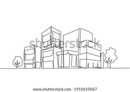 Continuous one line drawing of luxury apartment house in urban area. Home architecture property construction hand drawn minimalist concept. Modern single line draw design vector graphic illustration