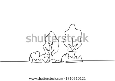 Continuous one line drawing of eco green tree with bush for garden icon. Natural ecology park logo hand drawn minimalist concept. Modern single line draw design vector graphic illustration