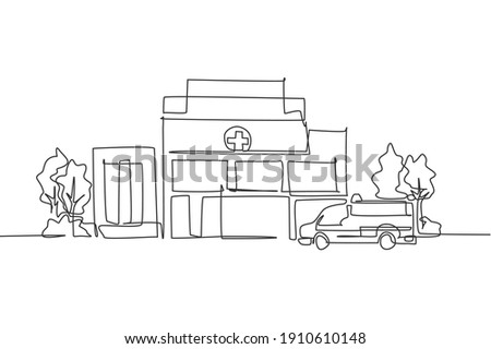 Single one line drawing of clean hospital building construction. Medical healthcare infrastructure isolated doodle minimal concept. Trendy continuous line draw design graphic vector illustration