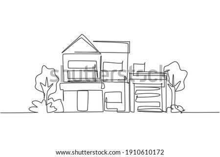 Single one line drawing green minimalist modest house in town. Home architecture building construction isolated doodle minimal concept. Trendy continuous line draw design graphic vector illustration