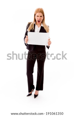 Frustrated businesswoman holding a blank placard