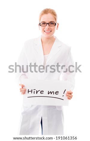 Female scientist showing hire me sign on white background