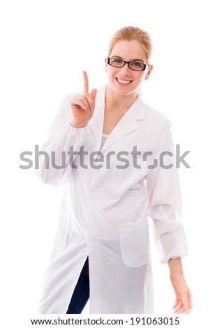 Female scientist pointing upward and smiling