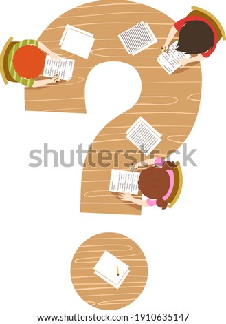 Illustration of Kids Writing on a Wooden Table Shaped Like a Question Mark