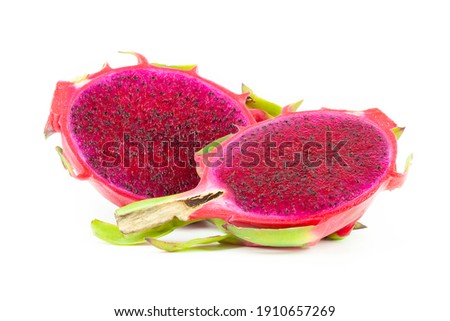 two halves of red dragon fruit on white background, red pitaya isolated