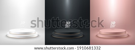 Set of abstract vector rendering 3d shape for product display presentation. Collection of luxury pinkgold ,white and black step cylinder pedestal podium. Studio room. Minimal wall scene.