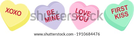 Candy heart sayings, sweethearts, valentines day sweets, sugar food message of love on seasonal holiday, hugs and kisses, be mine, valentine graphic design clip art, cute pastel bundle set isolated Royalty-Free Stock Photo #1910684476