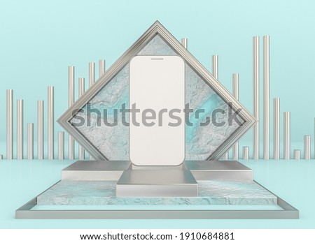 3d render illustration of smartphone with blank screen on the podium. Abstract geometric objects in the background. Modern trendy design. Blue and silver colors.