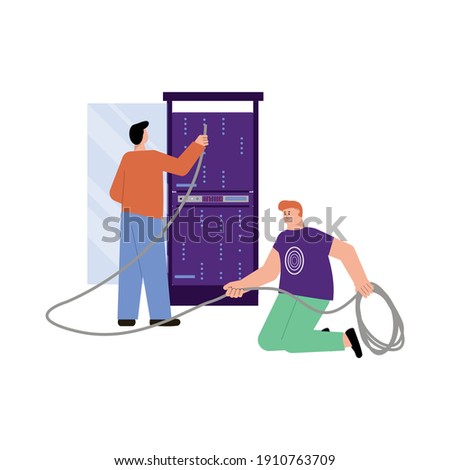 It specialist flat composition with doodle characters of technicians performing server connection vector illustration