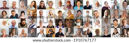 Multi ethnic people of different age looking at camera collage mosaic horizontal banner. Many lot of multiracial business people group smiling faces headshot portraits. Wide panoramic header design. Royalty-Free Stock Photo #1910767177