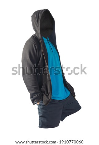black sweatshirt with iron zipper hoodie,blue  shirt and dark blue sports shorts isolated on white background. casual sportswear