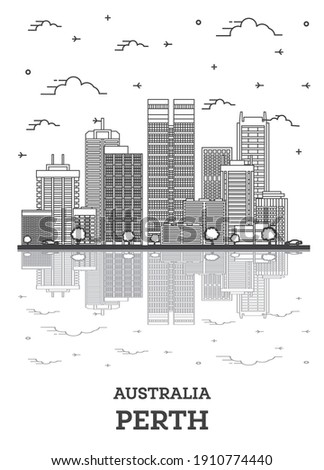 Outline Perth Australia City Skyline with Modern Buildings and Reflections Isolated on White. Vector Illustration. Perth Cityscape with Landmarks.