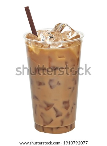Iced coffee in plastic disposable togo cup or coffee latte in take away or to go cup isolated on white background including clipping path Royalty-Free Stock Photo #1910792077