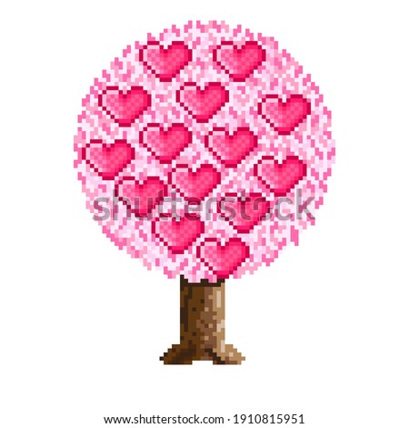 Tree pixel art. Pink tree. Tree of love. Tree decorated with hearts. Vector illustration. Valentine's Day.	