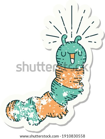 worn old sticker of a tattoo style happy caterpillar