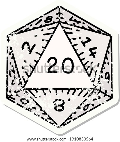 grunge sticker of a natural 20 D20 dice roll