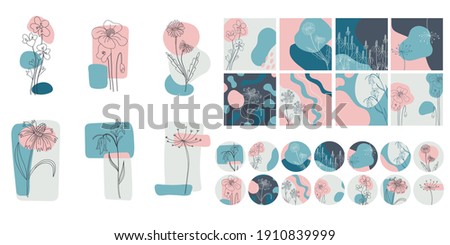Floral minimal social media set. Hand drawn line wild flower and abstract blob shapes, modern floral template for posts, highlights covers and stories. Vector botanical illustration pink blue colors Royalty-Free Stock Photo #1910839999