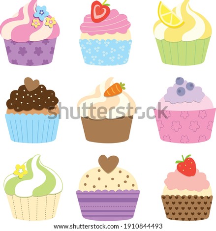 Cupcake vector set. Yummy cakes and muffins with various toppings. Fruit, carrot, chocolate, lemon, blueberry cakes. Tasty treat. 