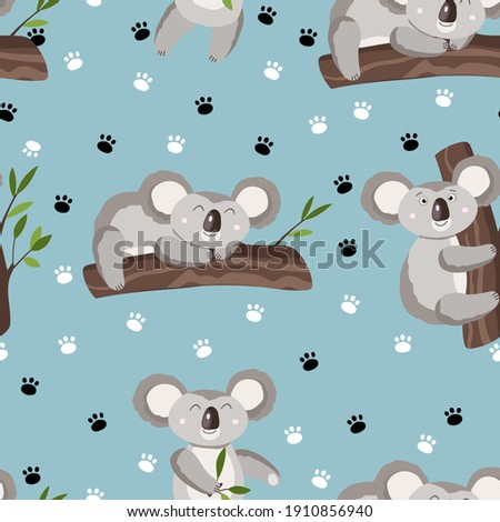 Seamless pattern with cute koala baby and footprint on color background. Funny australian animals. Card, postcards for kids. Flat vector illustration for fabric, textile, wallpaper, poster, paper.