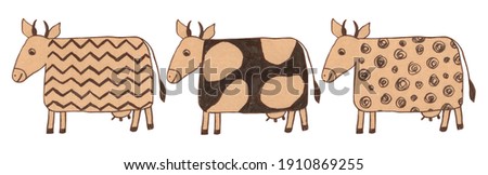 Graphic set of cute cartoon style cows on craft paper. Childish hand-drawn illustration isolated on the white background. Adorable cows in vintage style