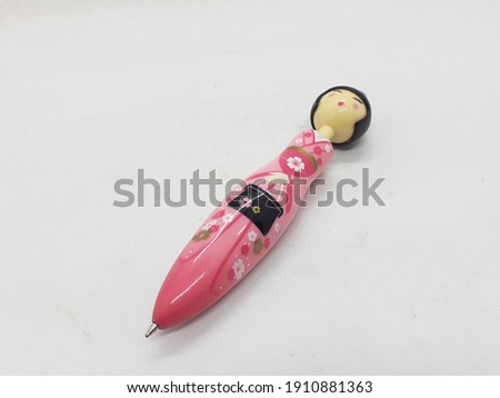 Artistic Cute Ballpoint Pen with Woman in Japanese Pink Kimono Ornaments Model Design in White Isolated background
