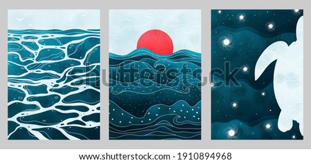 Creative aesthetic posters in Japanese vintage style. A4 vertical illustrations. Set of three backgrounds with watercolor texture and traditional pattern, thin lines, sea, sun, waves, turtle. Royalty-Free Stock Photo #1910894968