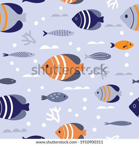 Batfish blue and orange geometric seamless pattern backdrop. Underwater fish scene with coral and waves, sea-life background for fabric, upholstery, wallpaper, textile prints, and gift wrapping paper.