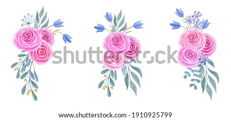 Hand drawn watercolor painting clipart with pink roses and bluebell flowers bouquet isolated on white background. Spring floral ornament set. Design element.