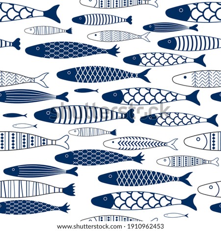 Fish simple geometric seamless pattern backdrop in blue and white.  Underwater two-tone scene, sea creature  background for fabric, mural, upholstery, wallpaper, textile, prints, and wrapping paper. 