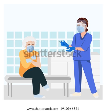 Doctor in clinic giving coronavirus vaccine to an elderly woman, conceptual illustration for immunity health. Adult immunization, covid vaccine. Flat illustration isolated on white background