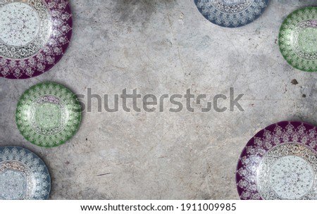 top view of traditional asian plates on dark table with copy space