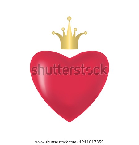 3d heart with crown on white. Greeting banner. Vector illustration.