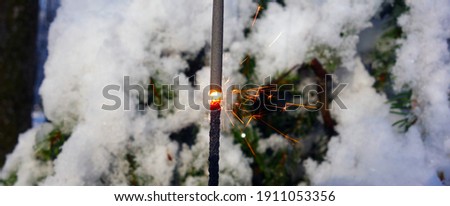 Sparkling Christmas and New Year sparkler on a snowy coniferous tree in a fairy forest
