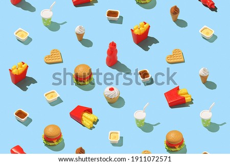 Creative fast food concept. Seamless fast food pattern on a bright blue background.  