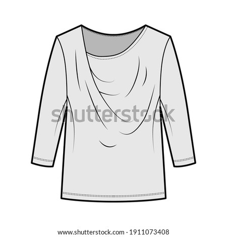 T-Shirt draped technical fashion illustration with long sleeves, tunic length, oversized. Apparel blouse top outwear template front, grey color. Women men unisex CAD mockup