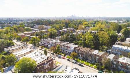Aerial View of Philadelphia Row-houses and Skyline