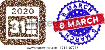 Vector mosaic 2020 last day and grunge bicolor 8 March seal stamp. Mosaic 2020 last day designed as subtraction from rounded square with cocoa beans.