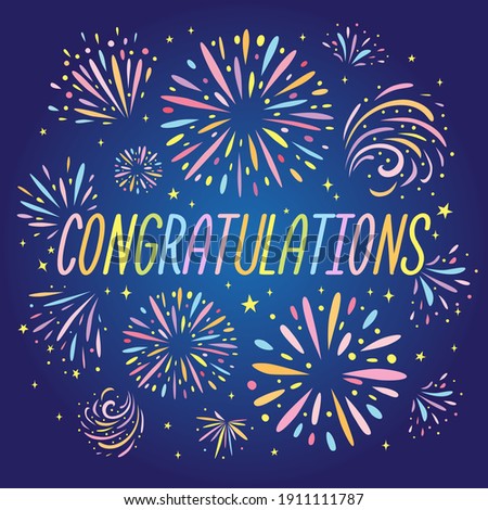 Congratulations text with colorful fireworks and dark blue background. Festive salute in night sky. Vector illustration