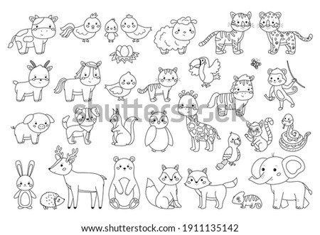 Big animals set for coloring book. Outline vector illustration for children. Cute cartoon characters. Farm, forest and jungle animals.