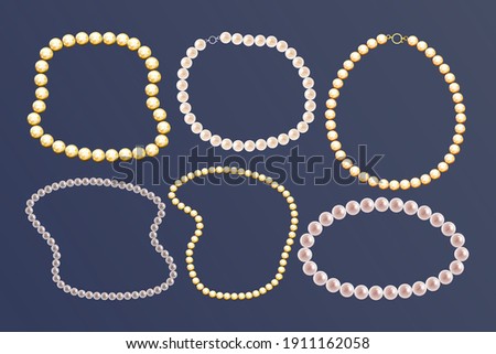Set of shiny realistic gold and pearl beads on dark background, vector illustration, isolated. Vector, EPS 10 Royalty-Free Stock Photo #1911162058