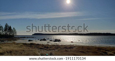 The sun shining over the water with its raise spreading across the sky and reflecting over the water. The tall grass in the sand dunes is blowing in the wind. The picture perfect scene of NS, Canada.