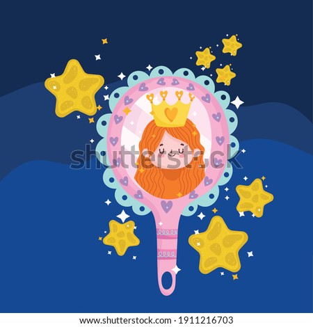princess tale cartoon girl in mirror magic stars decoration vector illustration