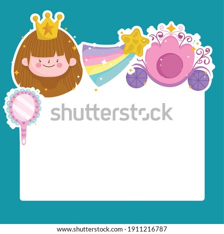 princess tale with star carriage and mirror cartoon card template vector illustration