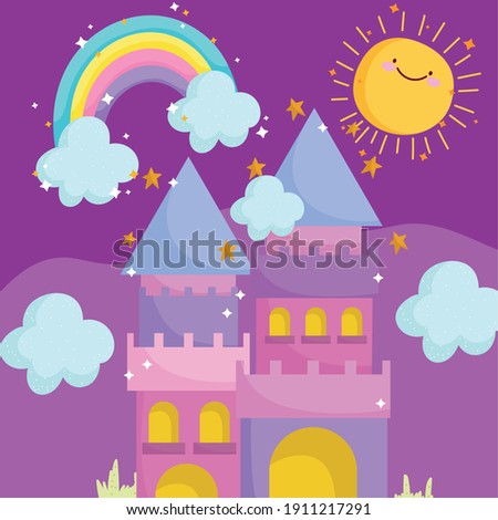 princess tale cartoon cute castle rainbow sun sky vector illustration