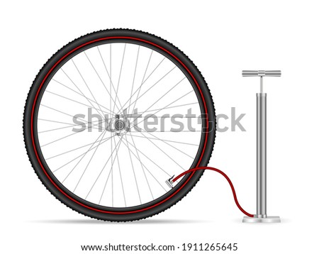 Hand air pump and tire on a white background. Vector illustration.